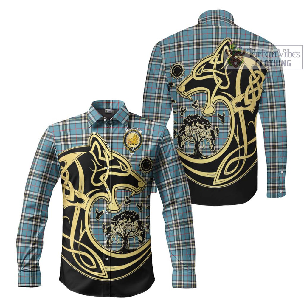 Thompson Tartan Long Sleeve Button Shirt with Family Crest Celtic Wolf Style Men's Shirt S - Tartan Vibes Clothing