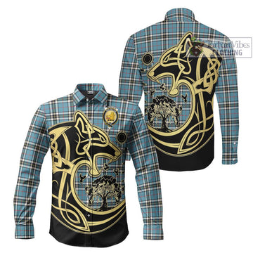 Thompson Tartan Long Sleeve Button Shirt with Family Crest Celtic Wolf Style Men's Shirt S - Tartan Vibes Clothing