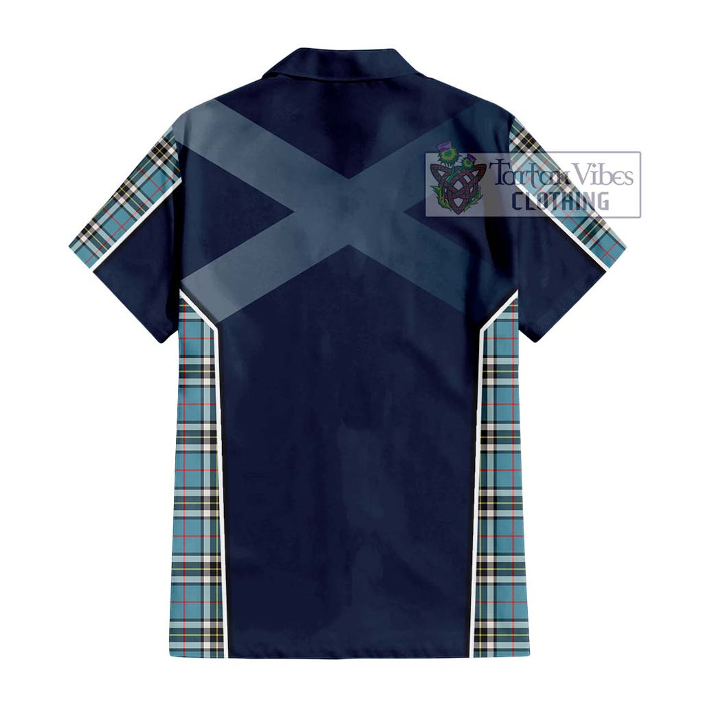Thompson Tartan Short Sleeve Button Shirt with Family Crest and Lion Rampant Vibes Sport Style - Tartan Vibes Clothing