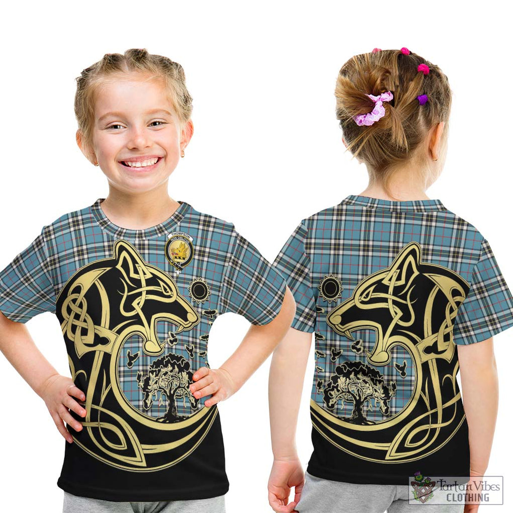 Thompson Tartan Kid T-Shirt with Family Crest Celtic Wolf Style - Tartan Vibes Clothing