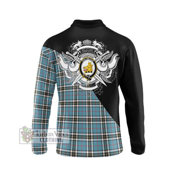 Thompson Tartan Long Sleeve Polo Shirt with Family Crest and Military Logo Style - Tartanvibesclothing Shop