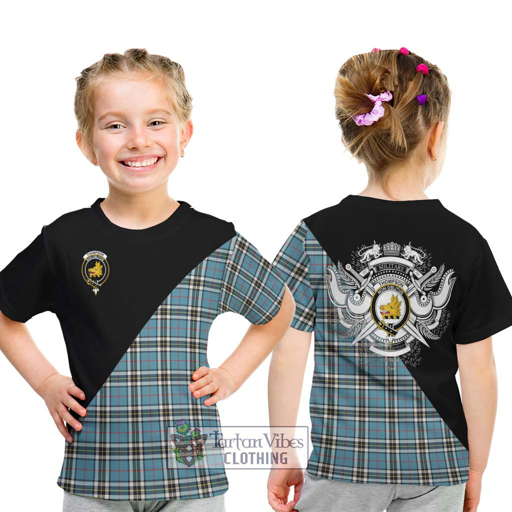 Thompson Tartan Kid T-Shirt with Family Crest and Military Logo Style - Tartanvibesclothing Shop
