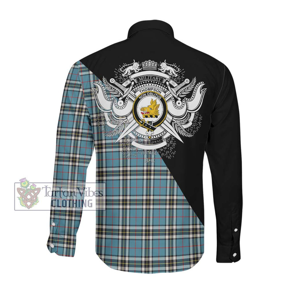 Thompson Tartan Long Sleeve Button Shirt with Family Crest and Military Logo Style Men's Shirt - Tartanvibesclothing Shop