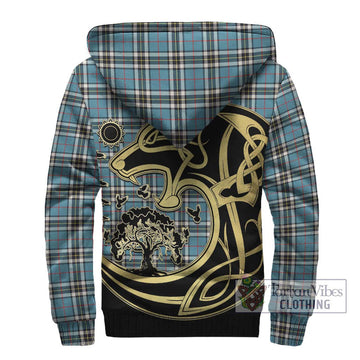 Thompson Tartan Sherpa Hoodie with Family Crest Celtic Wolf Style - Tartan Vibes Clothing