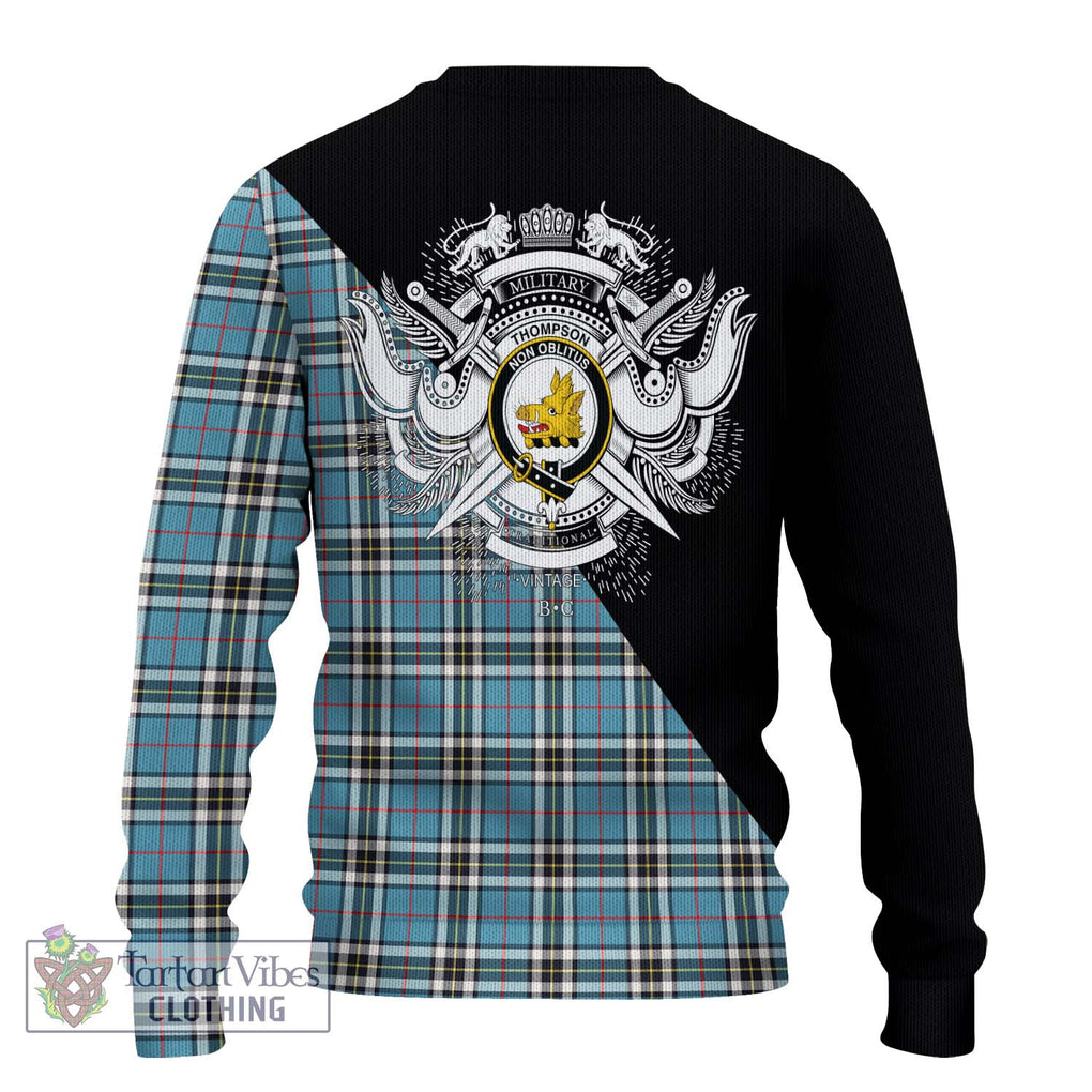 Thompson Tartan Knitted Sweater with Family Crest and Military Logo Style - Tartanvibesclothing Shop