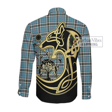 Thompson Tartan Long Sleeve Button Shirt with Family Crest Celtic Wolf Style Men's Shirt - Tartan Vibes Clothing
