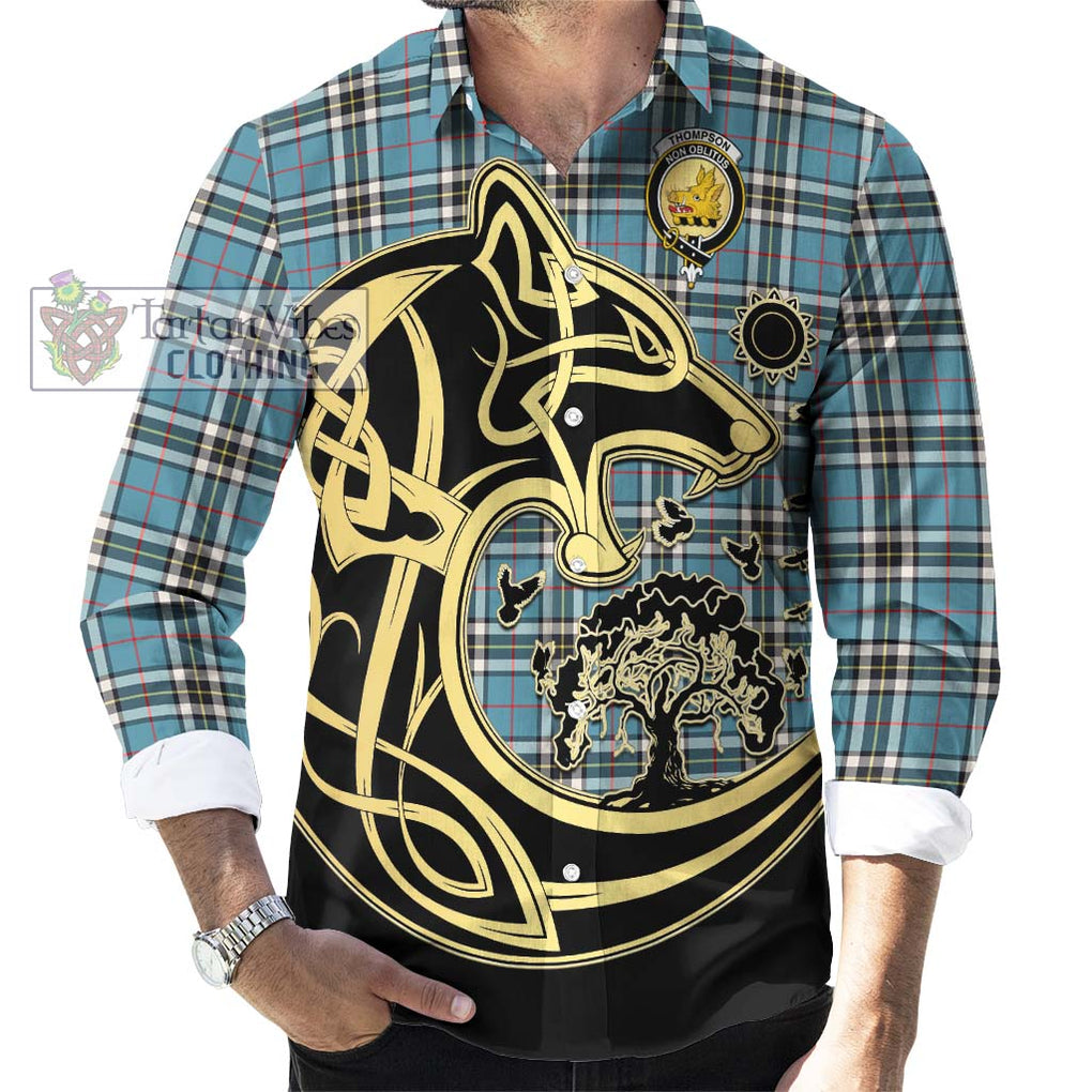 Thompson Tartan Long Sleeve Button Shirt with Family Crest Celtic Wolf Style - Tartan Vibes Clothing