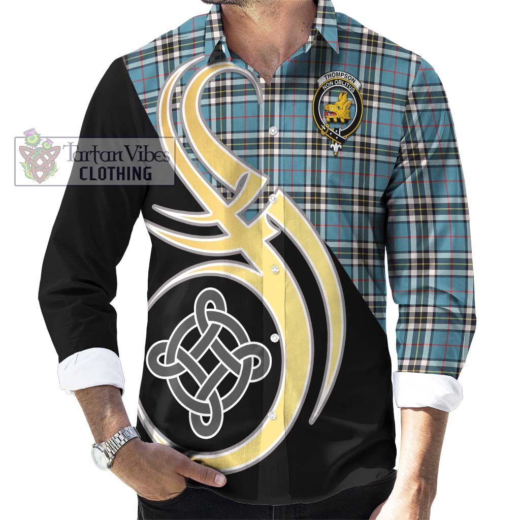 Thompson Tartan Long Sleeve Button Shirt with Family Crest and Celtic Symbol Style - Tartan Vibes Clothing