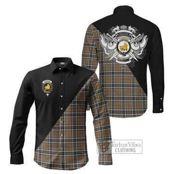 Thompson Camel Tartan Long Sleeve Button Shirt with Family Crest and Military Logo Style Men's Shirt S - Tartanvibesclothing Shop