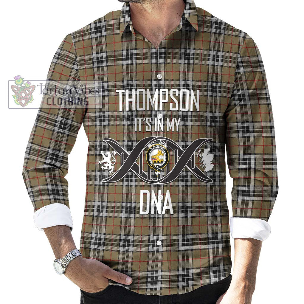 Thompson Camel Tartan Long Sleeve Button Shirt with Family Crest DNA In Me Style Men's Shirt S - Tartanvibesclothing Shop
