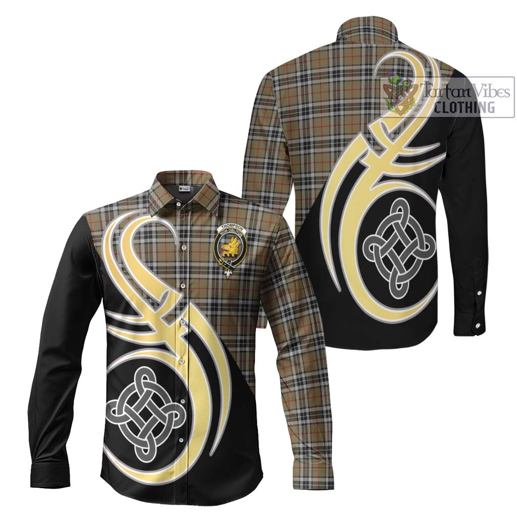 Thompson Camel Tartan Long Sleeve Button Shirt with Family Crest and Celtic Symbol Style Men's Shirt S - Tartan Vibes Clothing