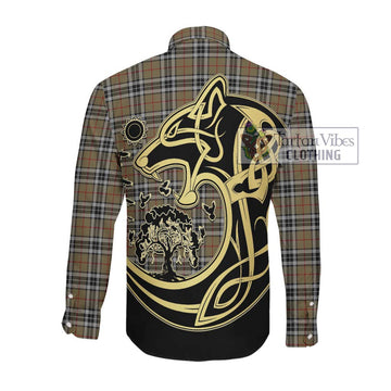 Thompson Camel Tartan Long Sleeve Button Shirt with Family Crest Celtic Wolf Style Men's Shirt - Tartan Vibes Clothing