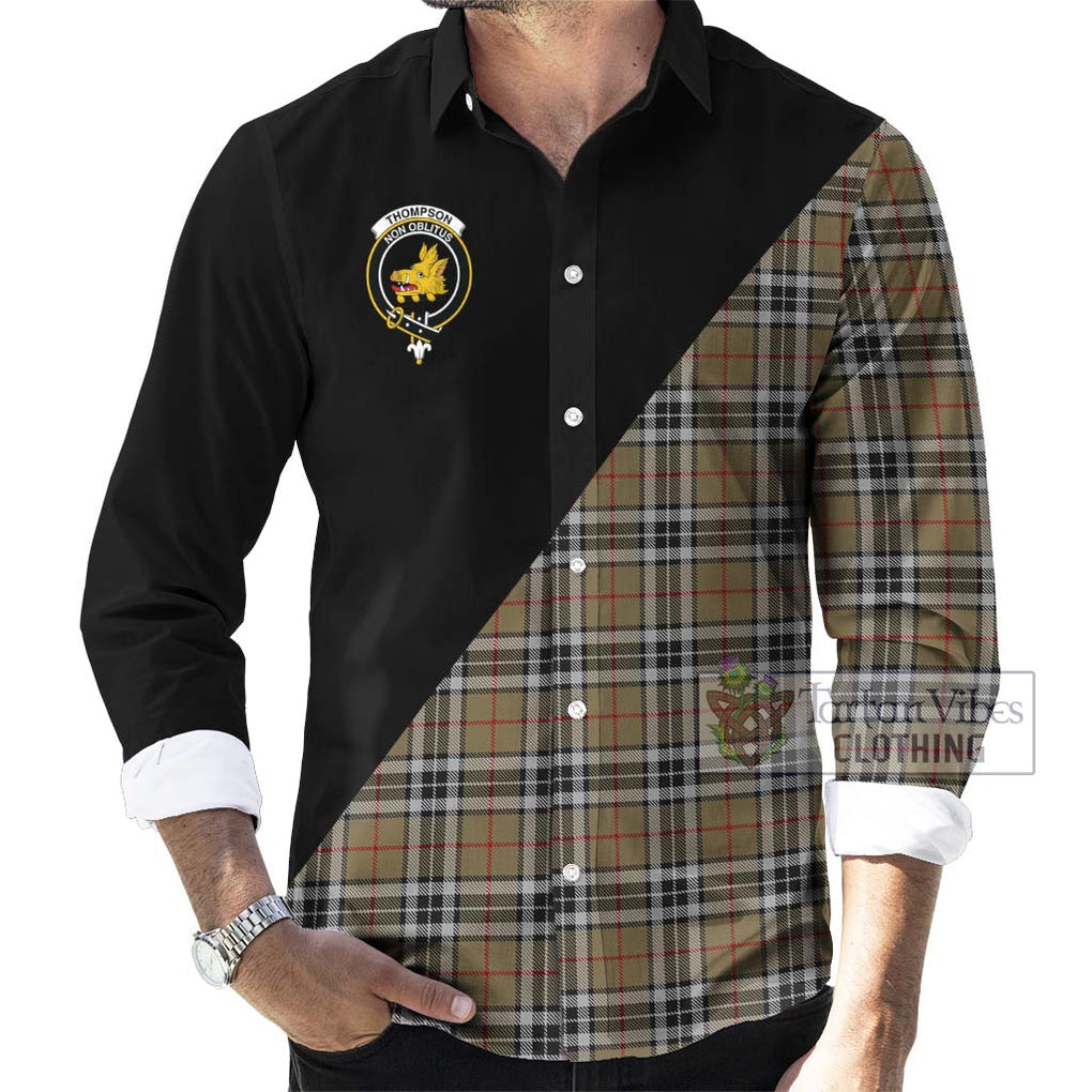 Thompson Camel Tartan Long Sleeve Button Shirt with Family Crest and Military Logo Style - Tartanvibesclothing Shop