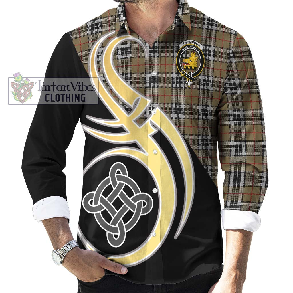 Thompson Camel Tartan Long Sleeve Button Shirt with Family Crest and Celtic Symbol Style - Tartan Vibes Clothing