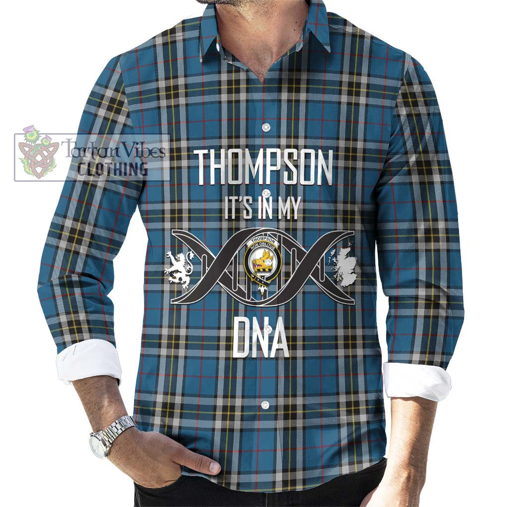 Thompson Dress Blue Tartan Long Sleeve Button Shirt with Family Crest DNA In Me Style Men's Shirt S - Tartanvibesclothing Shop