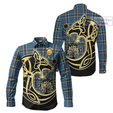 Thompson Dress Blue Tartan Long Sleeve Button Shirt with Family Crest Celtic Wolf Style Men's Shirt S - Tartan Vibes Clothing