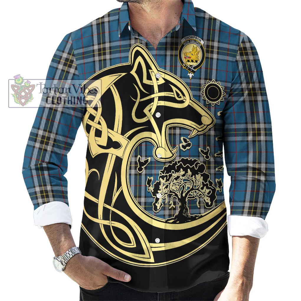 Thompson Dress Blue Tartan Long Sleeve Button Shirt with Family Crest Celtic Wolf Style - Tartan Vibes Clothing