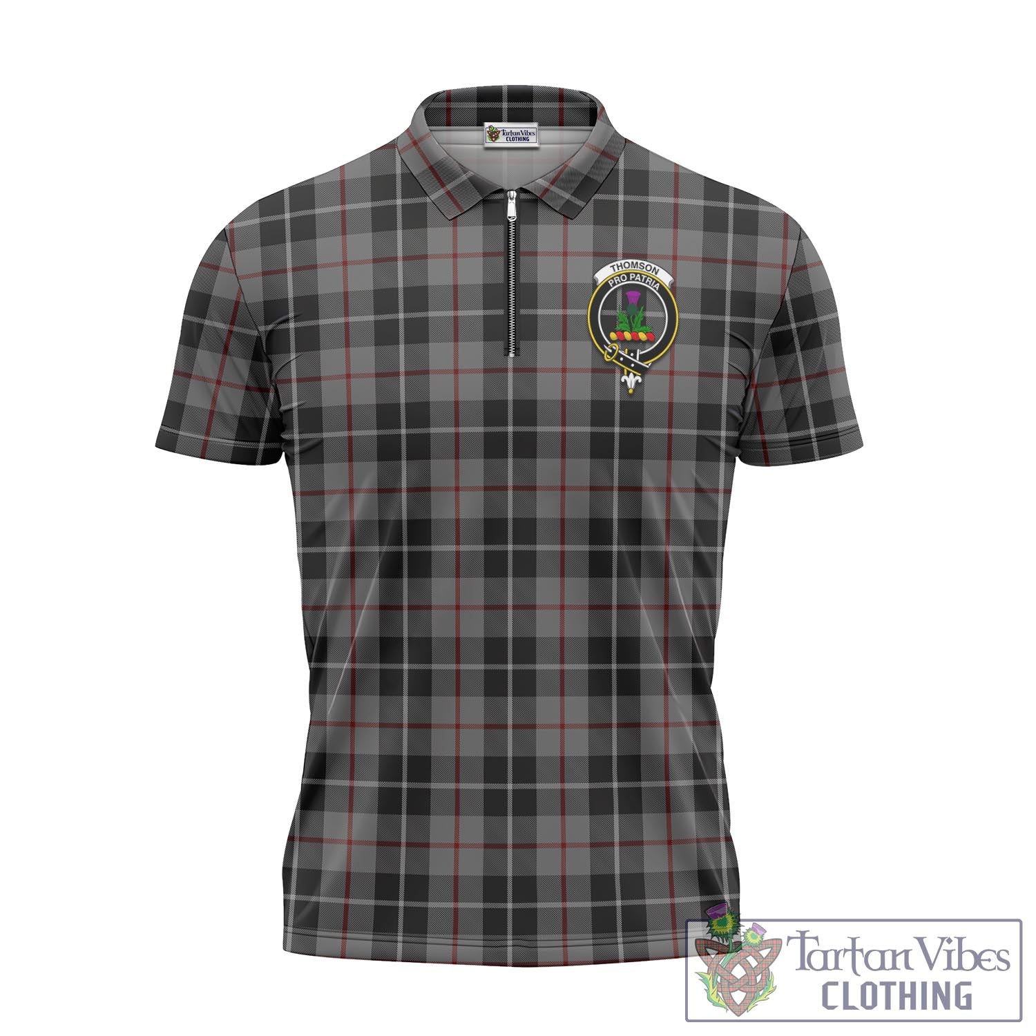Tartan Vibes Clothing Thompson Grey Tartan Zipper Polo Shirt with Family Crest