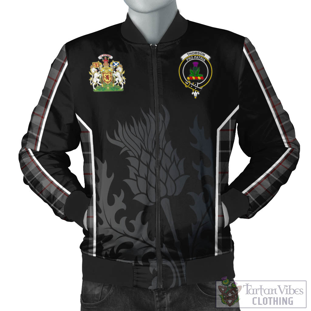 Tartan Vibes Clothing Thompson Grey Tartan Bomber Jacket with Family Crest and Scottish Thistle Vibes Sport Style