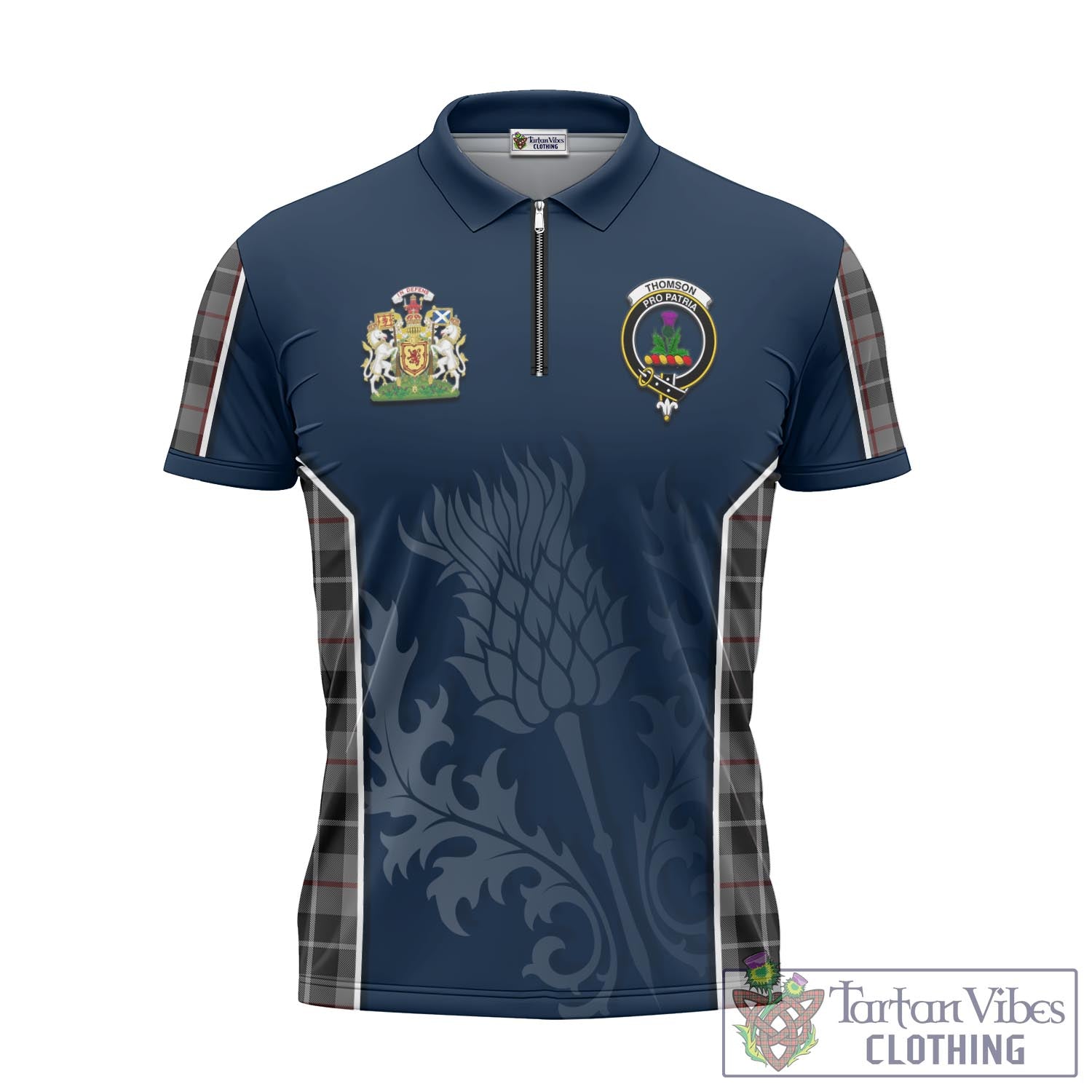 Tartan Vibes Clothing Thompson Grey Tartan Zipper Polo Shirt with Family Crest and Scottish Thistle Vibes Sport Style