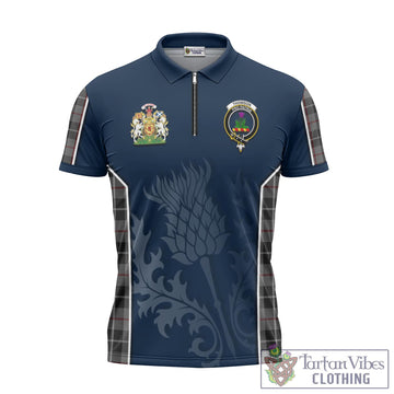 Thompson Grey Tartan Zipper Polo Shirt with Family Crest and Scottish Thistle Vibes Sport Style