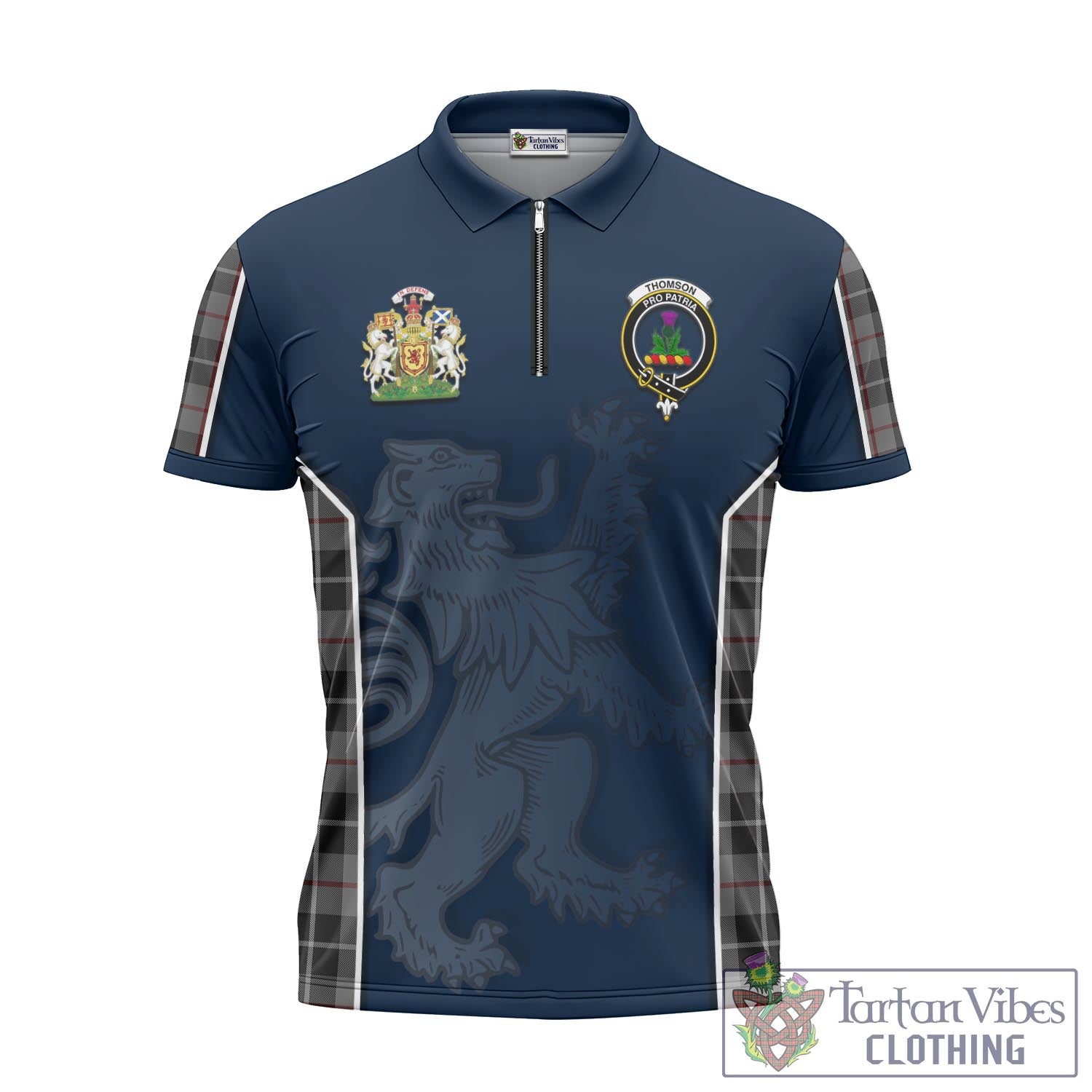 Tartan Vibes Clothing Thompson Grey Tartan Zipper Polo Shirt with Family Crest and Lion Rampant Vibes Sport Style