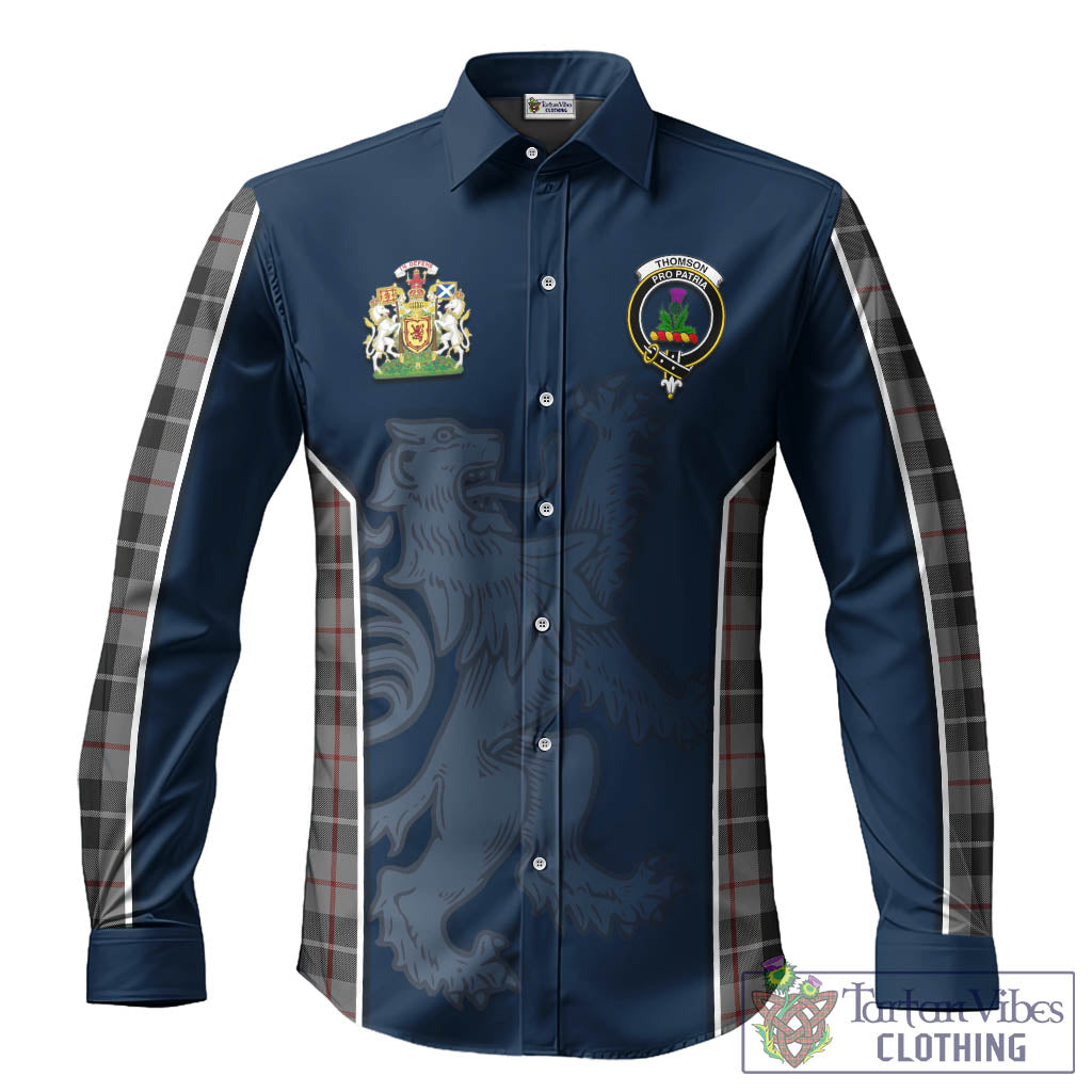 Thompson Grey Tartan Long Sleeve Button Up Shirt with Family Crest and Lion Rampant Vibes Sport Style