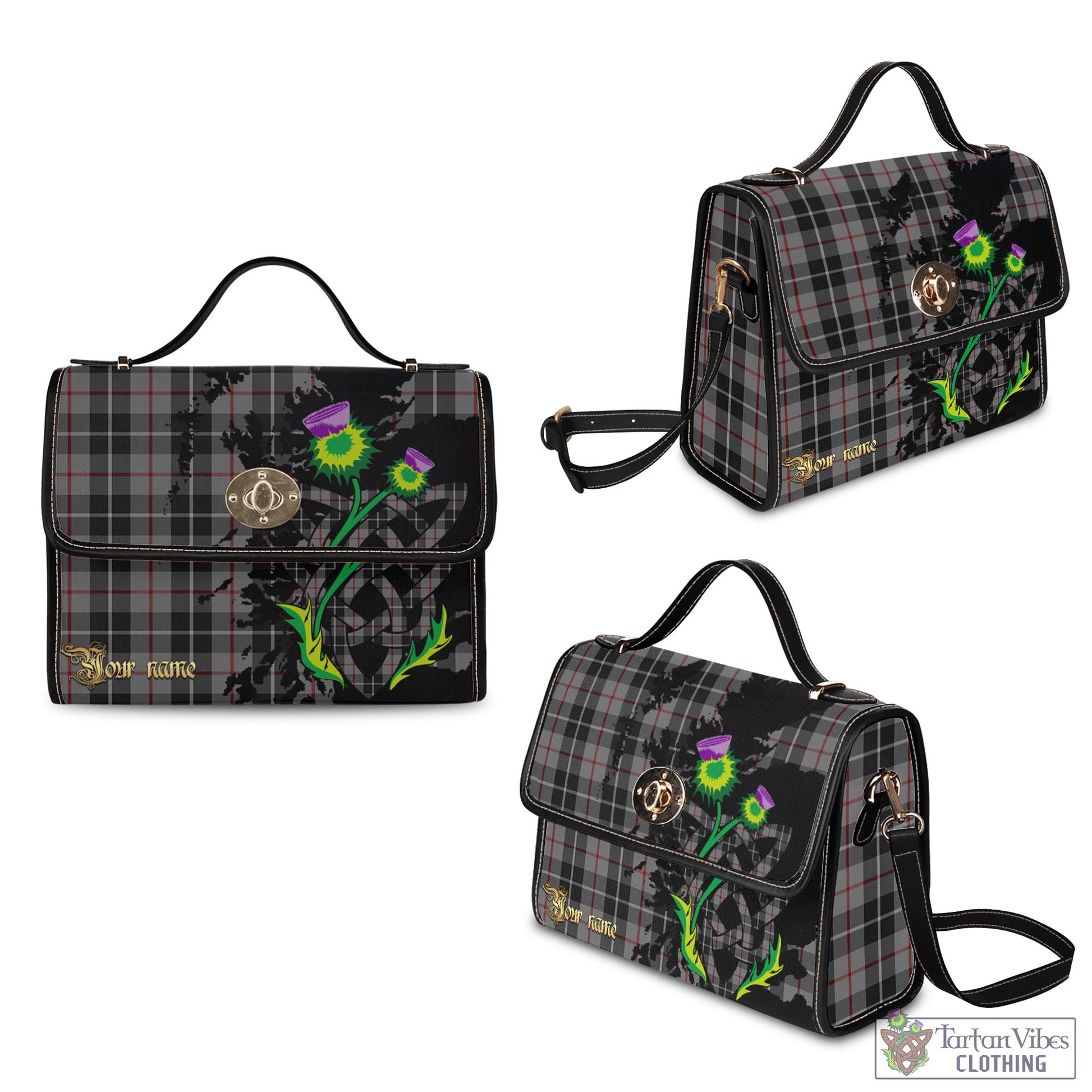 Tartan Vibes Clothing Thompson Grey Tartan Waterproof Canvas Bag with Scotland Map and Thistle Celtic Accents