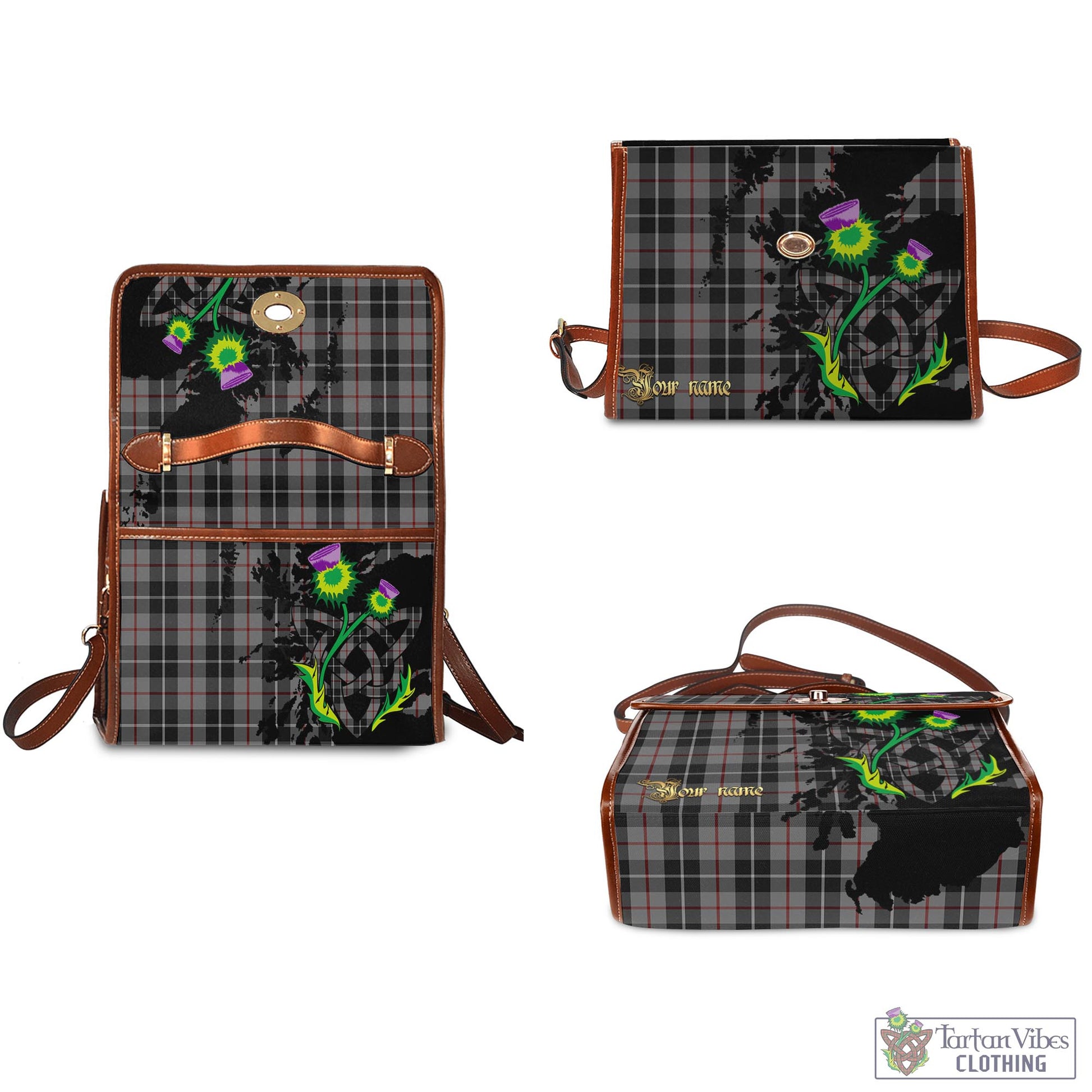 Tartan Vibes Clothing Thompson Grey Tartan Waterproof Canvas Bag with Scotland Map and Thistle Celtic Accents