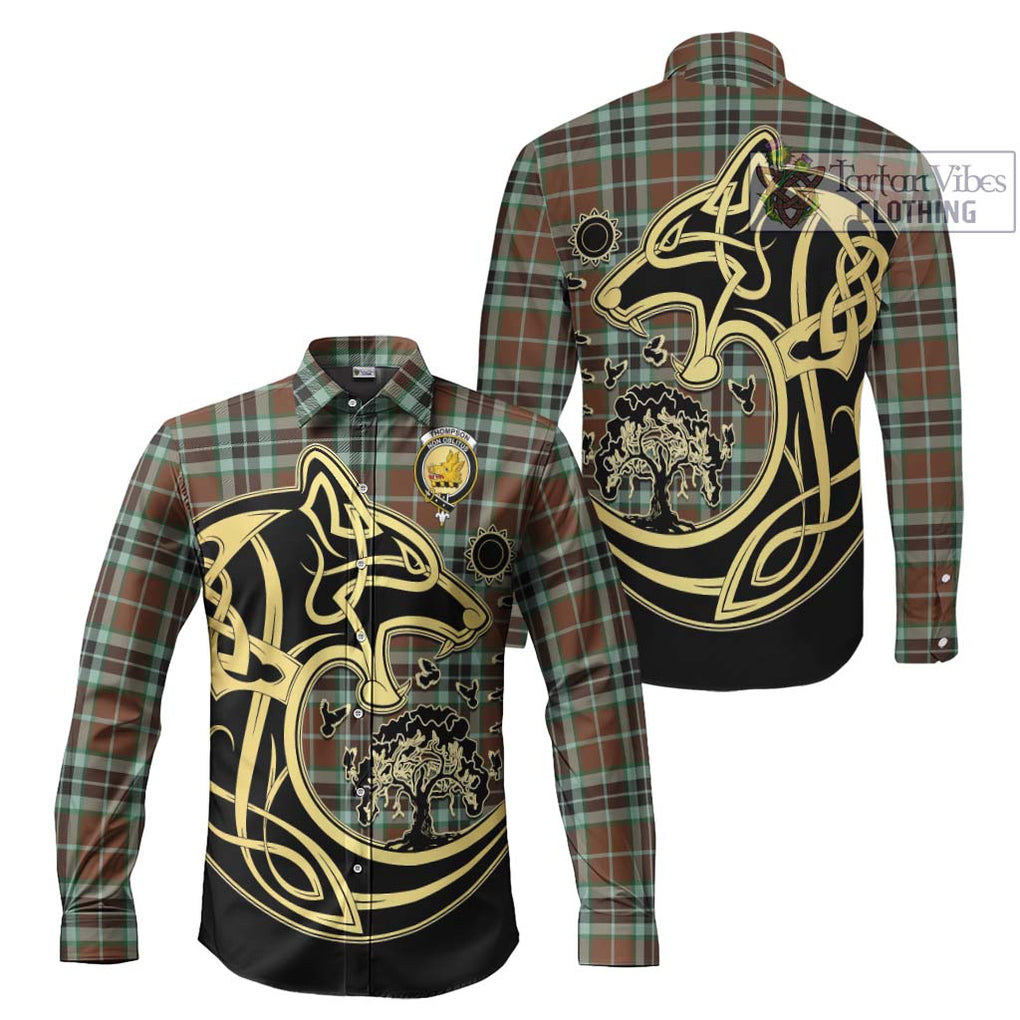 Thompson Hunting Modern Tartan Long Sleeve Button Shirt with Family Crest Celtic Wolf Style Men's Shirt S - Tartan Vibes Clothing
