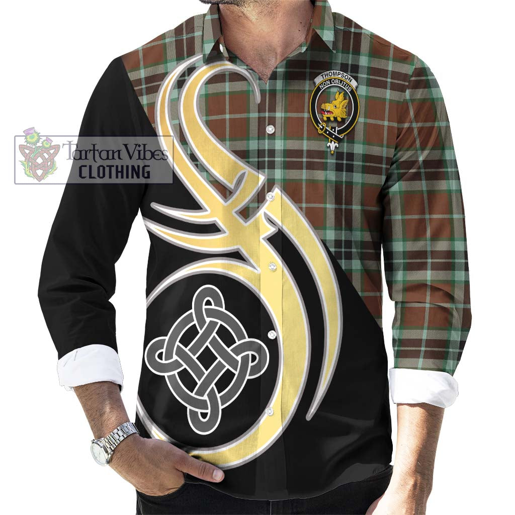 Thompson Hunting Modern Tartan Long Sleeve Button Shirt with Family Crest and Celtic Symbol Style - Tartan Vibes Clothing