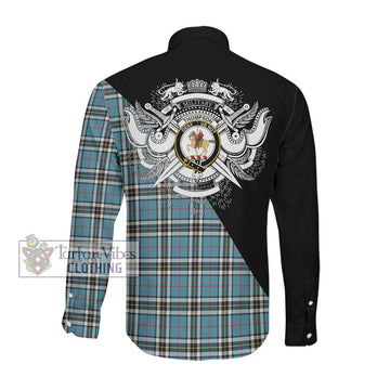 Thompson Society Tartan Long Sleeve Button Shirt with Family Crest and Military Logo Style Men's Shirt - Tartanvibesclothing Shop