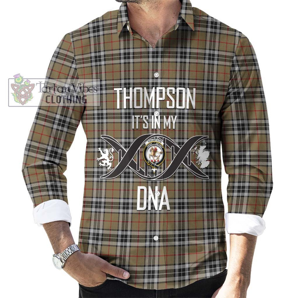 Thompson Society Camel Tartan Long Sleeve Button Shirt with Family Crest DNA In Me Style Men's Shirt S - Tartanvibesclothing Shop