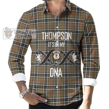 Thompson Society Camel Tartan Long Sleeve Button Shirt with Family Crest DNA In Me Style Men's Shirt S - Tartanvibesclothing Shop