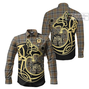 Thompson Society Camel Tartan Long Sleeve Button Shirt with Family Crest Celtic Wolf Style Men's Shirt S - Tartan Vibes Clothing
