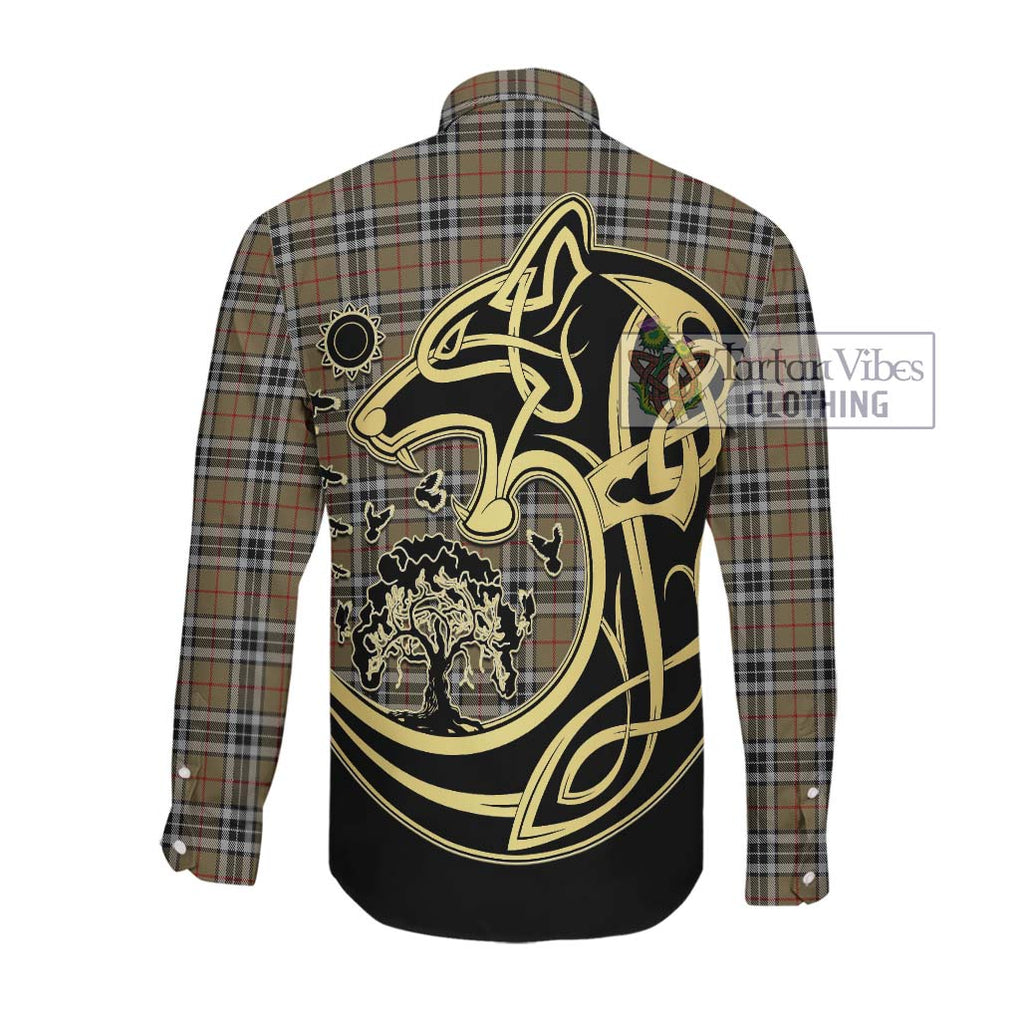 Thompson Society Camel Tartan Long Sleeve Button Shirt with Family Crest Celtic Wolf Style Men's Shirt - Tartan Vibes Clothing