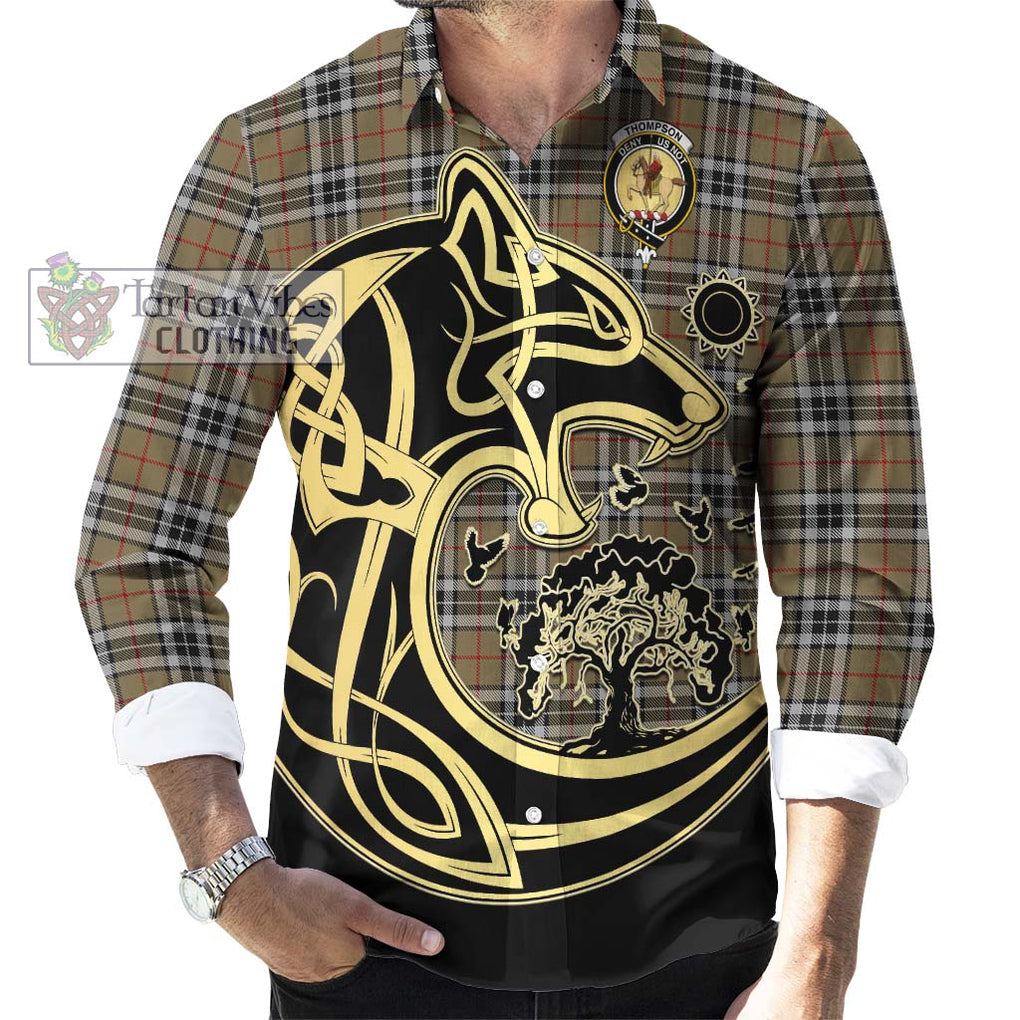 Thompson Society Camel Tartan Long Sleeve Button Shirt with Family Crest Celtic Wolf Style - Tartan Vibes Clothing