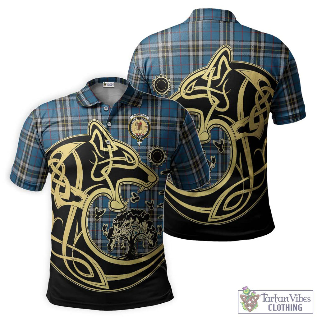 Thompson Society Dress Blue Tartan Polo Shirt with Family Crest Celtic Wolf Style Kid - Tartanvibesclothing Shop
