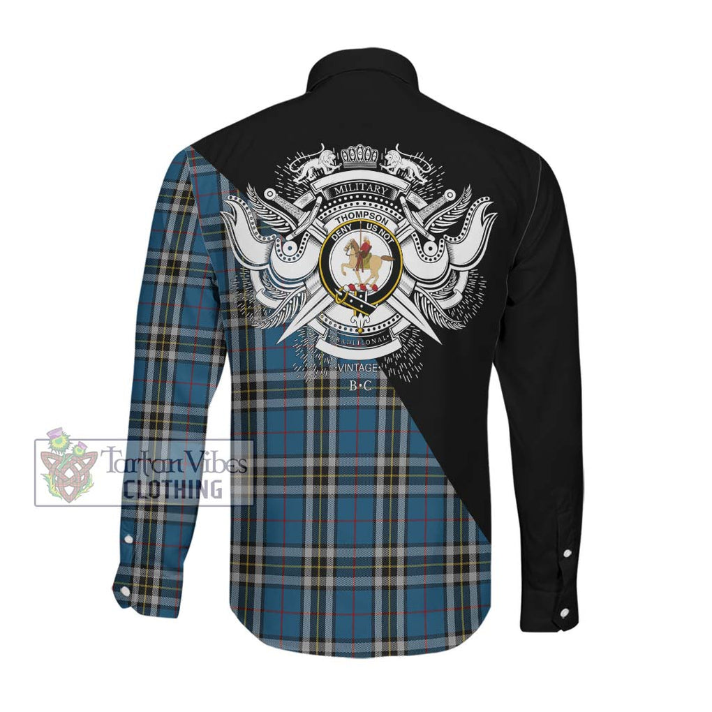 Thompson Society Dress Blue Tartan Long Sleeve Button Shirt with Family Crest and Military Logo Style Men's Shirt - Tartanvibesclothing Shop