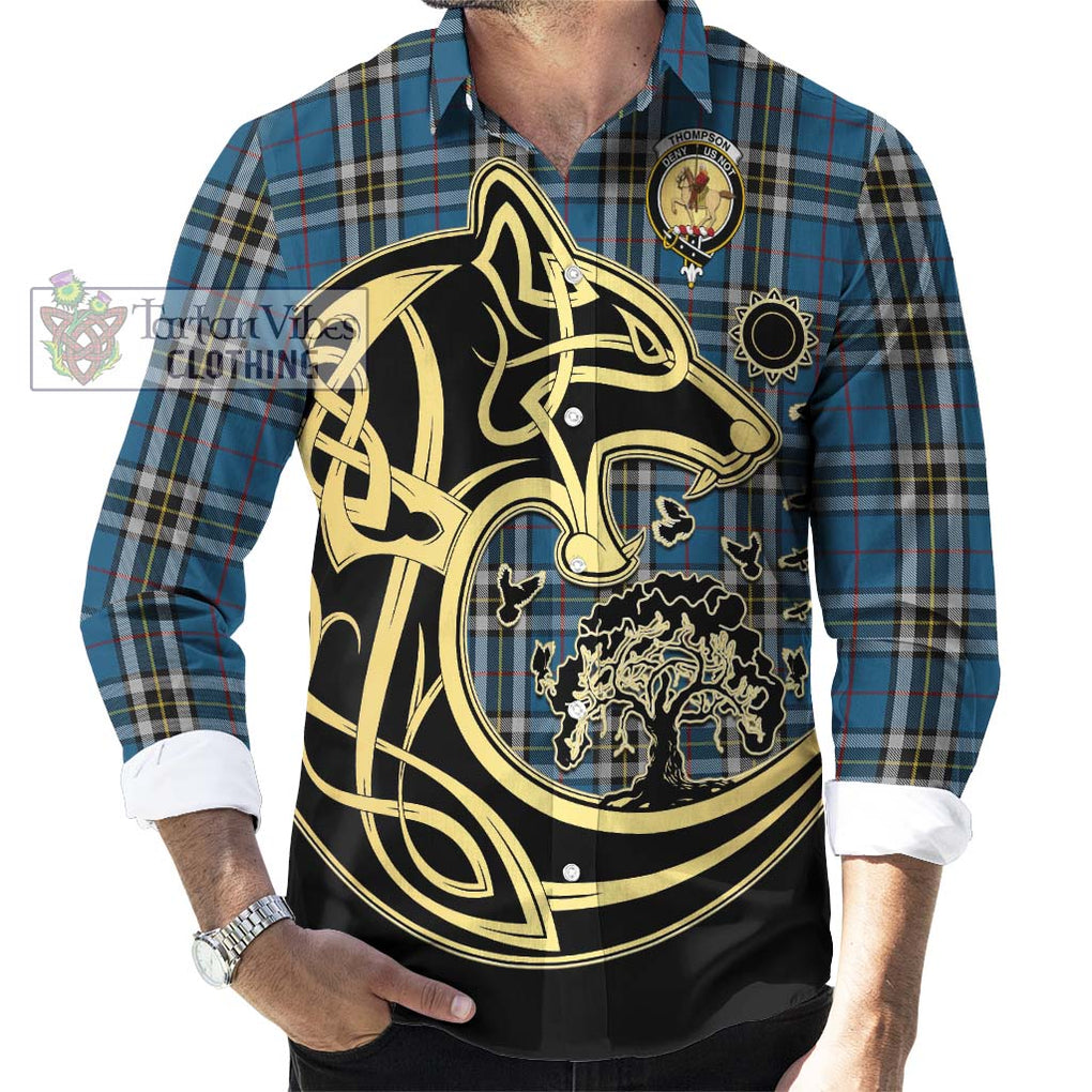 Thompson Society Dress Blue Tartan Long Sleeve Button Shirt with Family Crest Celtic Wolf Style - Tartan Vibes Clothing