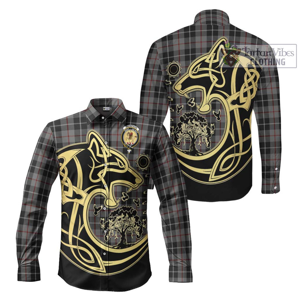 Thompson Society Grey Tartan Long Sleeve Button Shirt with Family Crest Celtic Wolf Style Men's Shirt S - Tartan Vibes Clothing
