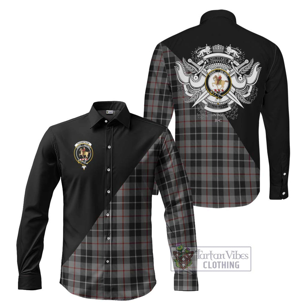 Thompson Society Grey Tartan Long Sleeve Button Shirt with Family Crest and Military Logo Style Men's Shirt S - Tartanvibesclothing Shop