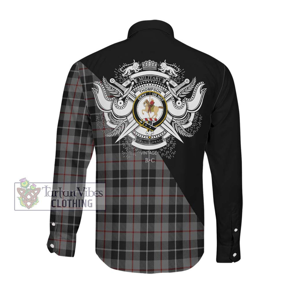 Thompson Society Grey Tartan Long Sleeve Button Shirt with Family Crest and Military Logo Style Men's Shirt - Tartanvibesclothing Shop