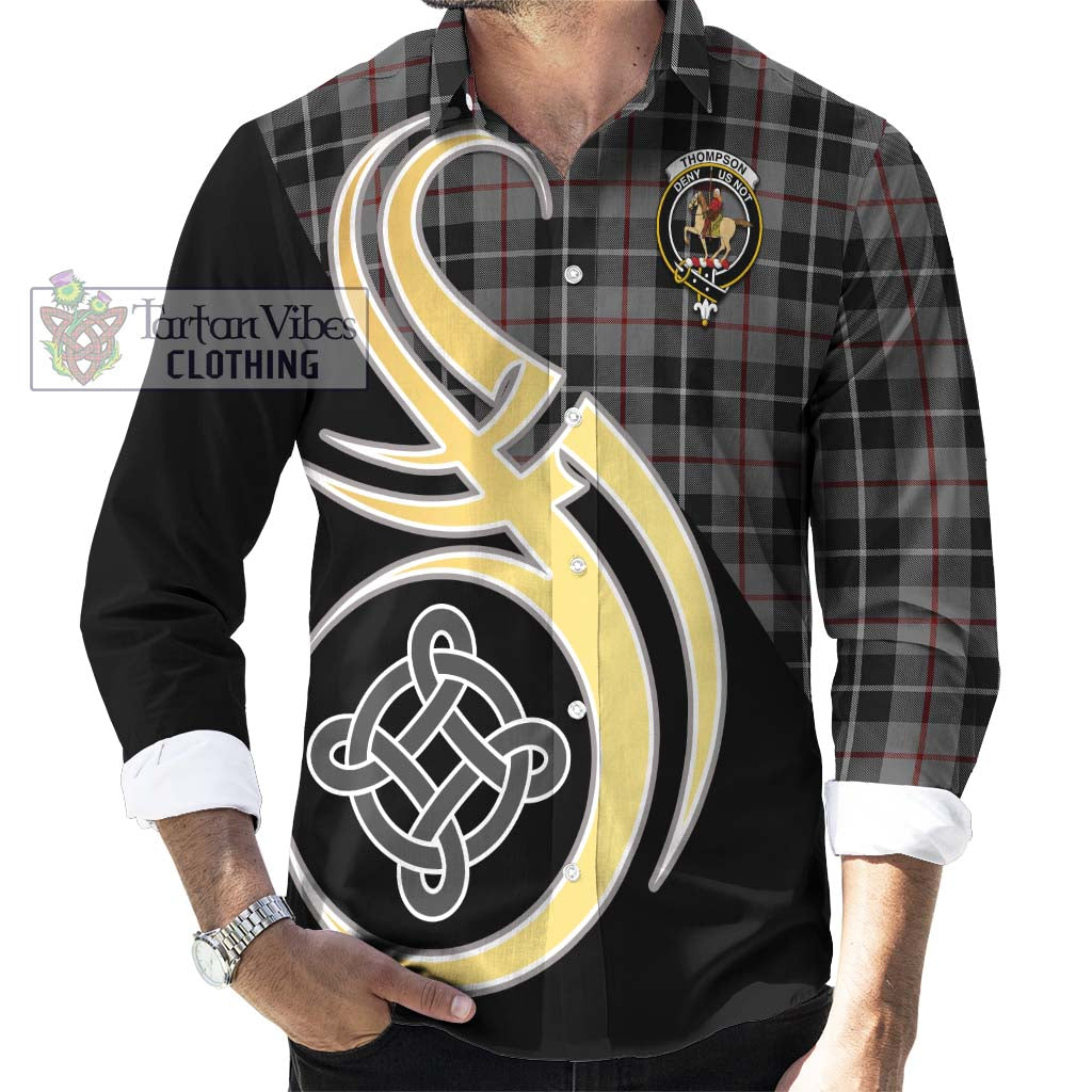 Thompson Society Grey Tartan Long Sleeve Button Shirt with Family Crest and Celtic Symbol Style - Tartan Vibes Clothing