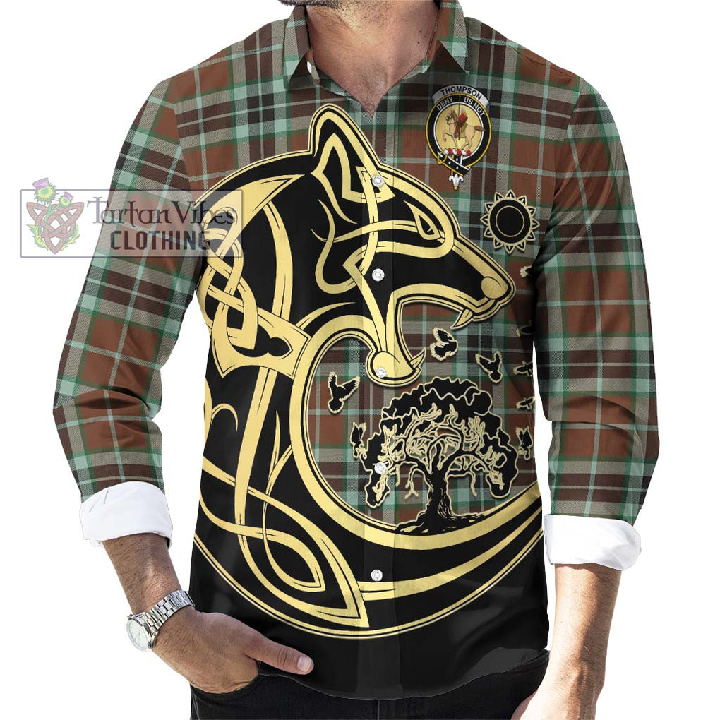 Thompson Society Hunting Modern Tartan Long Sleeve Button Shirt with Family Crest Celtic Wolf Style - Tartan Vibes Clothing