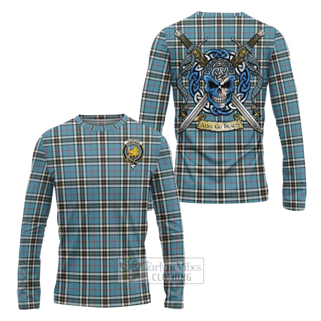 Tartan Vibes Clothing Thompson (Thomson) Tartan Long Sleeve T-Shirt with Family Crest Celtic Skull Style