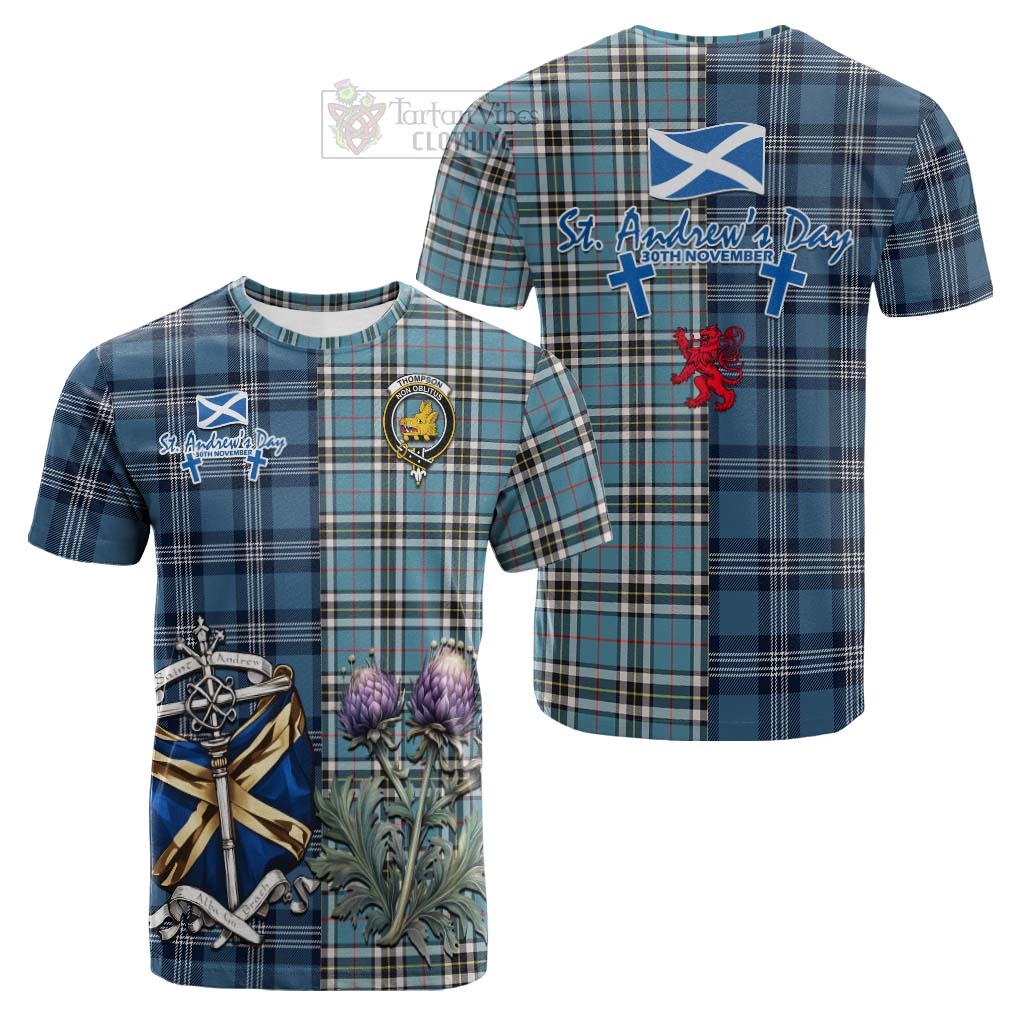 Tartan Vibes Clothing Thompson (Thomson) Tartan Cotton T-shirt Happy St. Andrew's Day Half Tartan Style