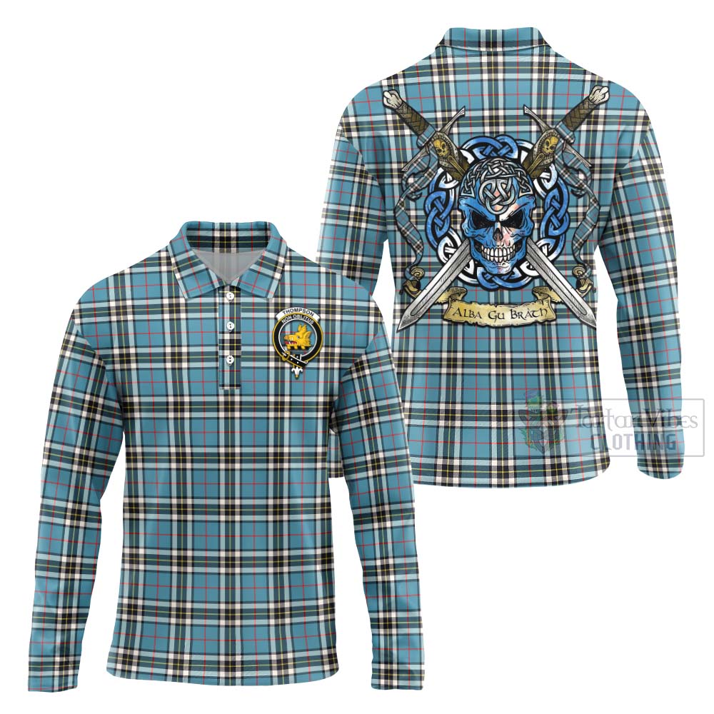 Tartan Vibes Clothing Thompson (Thomson) Tartan Long Sleeve Polo Shirt with Family Crest Celtic Skull Style