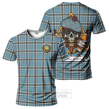 Tartan Vibes Clothing Thompson (Thomson) Tartan T-Shirt with Family Crest and Bearded Skull Holding Bottles of Whiskey