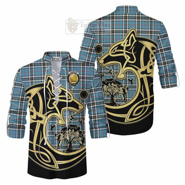 Tartan Vibes Clothing Thompson (Thomson) Tartan Ghillie Kilt Shirt with Family Crest Celtic Wolf Style
